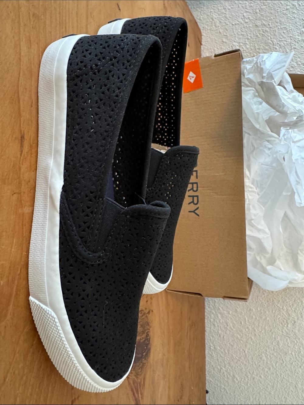 Sperry Black Perforated Slip-On Sneakers with White Sole___new in box.